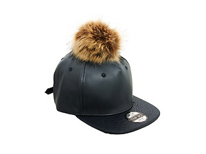 Navy Faux Leather Pom Pom Snapback Baseball Hat Cap w/ Watch Strap Closure