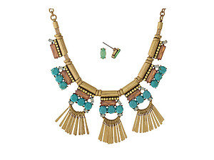 Turquoise & Pink Stone Goldtone Metal Fringe Necklace with Matching Earrings