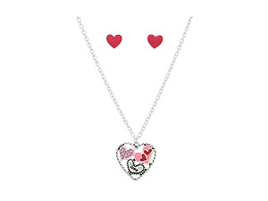 Silvertone Heart Necklace Set With Pink Rhinestones