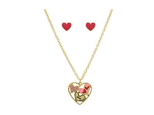 Goldtone Heart Necklace Set With Pink Rhinestones