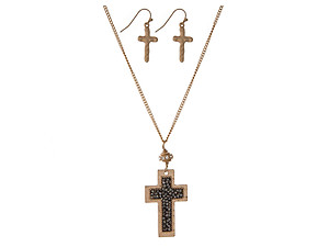 Hematite Cross Pendant Necklace Set in Goldtone