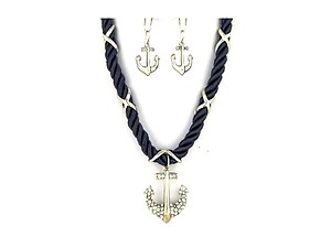 Navy & Silvertone Anchor Pendant Nylon Cord Necklace Set