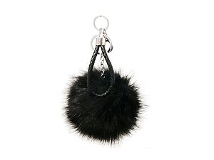 Black Fur Pom Pom Keychain with Black Leather Cord