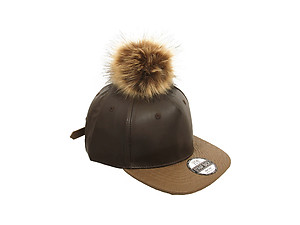 Brown Faux Leather Pom Pom Snapback Baseball Hat Cap w/ Watch Strap Closure