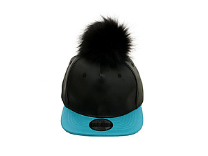 Turquoise and Black Faux Leather Pom Pom Snapback Baseball Hat Cap w/ Watch Strap Closure