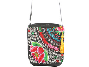 Flower Tassel Fabric Embroidery Crossbody Bag with Zipper Closure