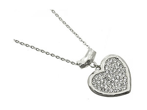 Silvertone Hammered Metal Crystal Stone Heart Necklace