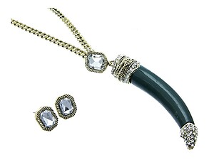 Emerald Antique Crystal Stone Horn Jewelry Set in Goldtone
