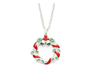 Silvertone Enamel Christmas Wreath Pendant Necklace