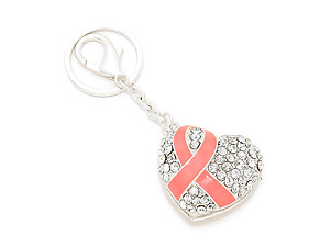 Crystal Pave Pink Ribbon Symbol Heart Keychain