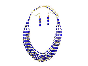 Gold & Blue Metal Bohemian Draped Necklace & Hook Earring Set