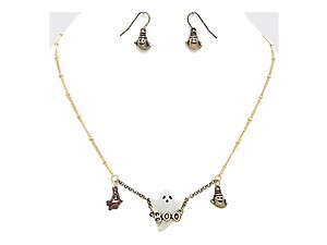 Goldtone Halloween Ghost Boo Pendant Necklace & Earring Set