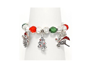 Silvertone Christmas Beaded Charm Stretch Bracelet