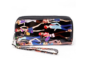 Black Fashionista Illustrated Two Zipper Wallet with Wristlet Strap