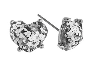 Silver & Silvertone Glitter Rhinestone Heart Post Pin Earrings