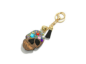 Copper Skull Tassel Bling Faux Suede Stuffed Pillow Key Chain Handbag Charm