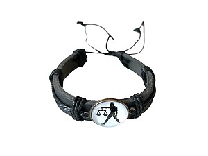 Libra Zodiac Sign Black Leather Band Glass Dome Bracelet