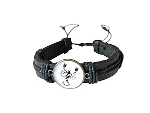 Scorpio Zodiac Sign Black Leather Band Glass Dome Bracelet