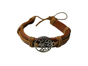 Light Brown Leather Band Tree of Life Silver Bracelet