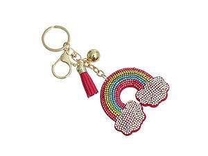 Pink Rainbow Tassel Bling Faux Suede Stuffed Pillow Key Chain Handbag Charm