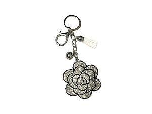 White Flower Tassel Bling Faux Suede Stuffed Pillow Key Chain Handbag Charm