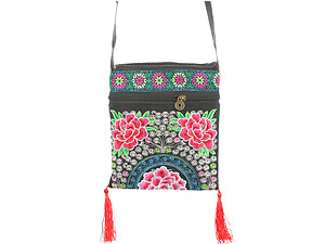 Red Tassel Fabric Embroidered Flower Crossbody Bag with Zipper Closure