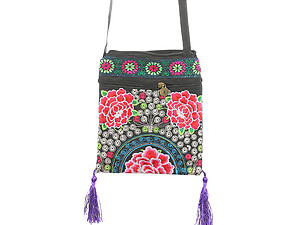 Purple Tassel Fabric Embroidered Flower Crossbody Bag with Zipper Closure