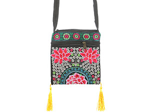 Yellow Tassel Fabric Embroidered Flower Crossbody Bag with Zipper Closure