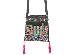 Pink Tassel Fabric Embroidered Flower Crossbody Bag with Zipper Closure