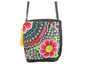 Yellow Flower Tassel Fabric Embroidery Crossbody Bag with Zipper Closure