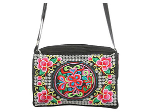 Fabric Flower Double-Sided Embroidered Shoulder Bag with Adjustable Strap