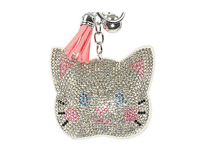 White Kitten Tassel Bling Faux Suede Stuffed Pillow Key Chain Handbag Charm