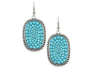 Aqua Blue Pave Crystal Stone Aged Finish Metal Frame Fish Hook Earrings