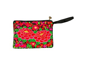 Large Flower Embroidered Fabric Cosmetic Pouch w/ Zipper Closure & Wrist Strap