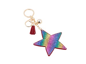 Star Rainbow Tassel Bling Faux Suede Stuffed Pillow Key Chain Handbag Charm