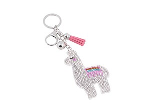 White Llama Tassel Bling Faux Suede Stuffed Pillow Key Chain Handbag Charm