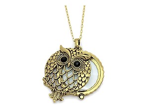 Goldtone Owl Magnifying Glass Pendant Necklace