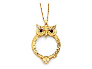Goldtone Wise Owl Magnifying Glass Pendant Necklace