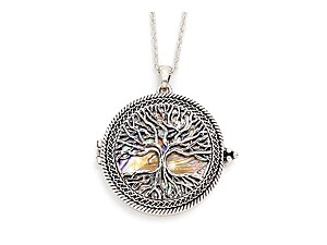 Silvertone & Abalone Tree of Life Magnifying Glass Pendant Necklace