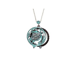 Verdigris Patina Turtle Magnifying Glass Pendant Long Necklace