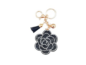 Black Camellia Flower Tassel Bling Faux Suede Stuffed Pillow Key Chain Handbag Charm