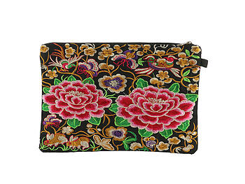 Large Flower Embroidered Fabric Cosmetic Pouch w/ Zipper Closure & Wrist Strap