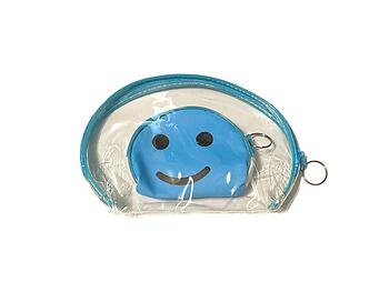 Blue Happy Face Coin Purse Keychain Large Zipper Cosmetic Bag Set