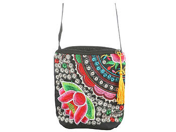 Yellow Flower Tassel Fabric Embroidery Crossbody Bag with Zipper Closure