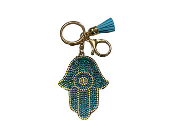 Turquoise Tassel Crystal Stone Hamsa Bling Keychain w/ Lobster Clasp