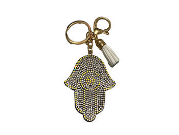 White Tassel Crystal Stone Hamsa Bling Keychain w/ Lobster Clasp