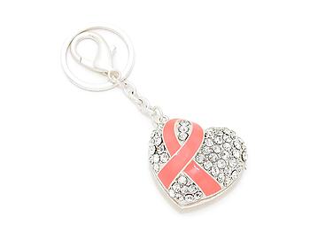 Crystal Pave Pink Ribbon Symbol Heart Keychain