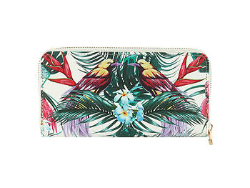 Tropical Birds Vinyl Printed Zip Around Clutch Wallet