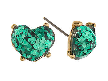 Green Glitter Rhinestone Heart Post Pin Earrings