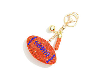 Orange/Navy Football Tassel Bling Faux Suede Stuffed Pillow Key Chain Handbag Charm